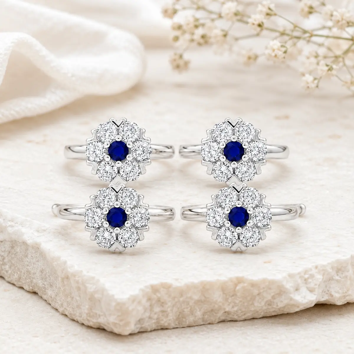 925 Sterling Silver Toe Ring Pair Of 2 Floral Blue Stone For Women